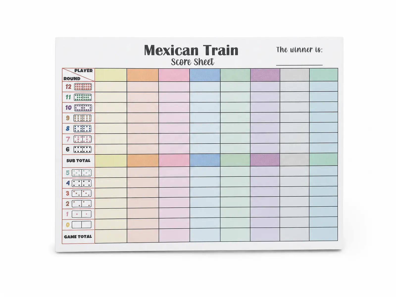 Mexican Train score pad front sheet used as a custom interior printing reference