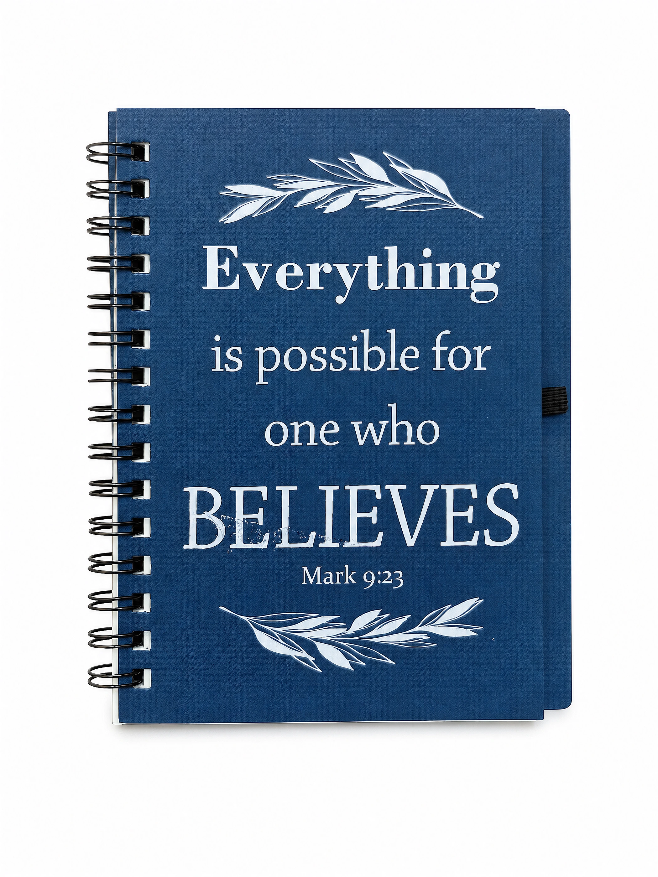 Blue Inspirational Spiral Notebook with Snap Tab front view