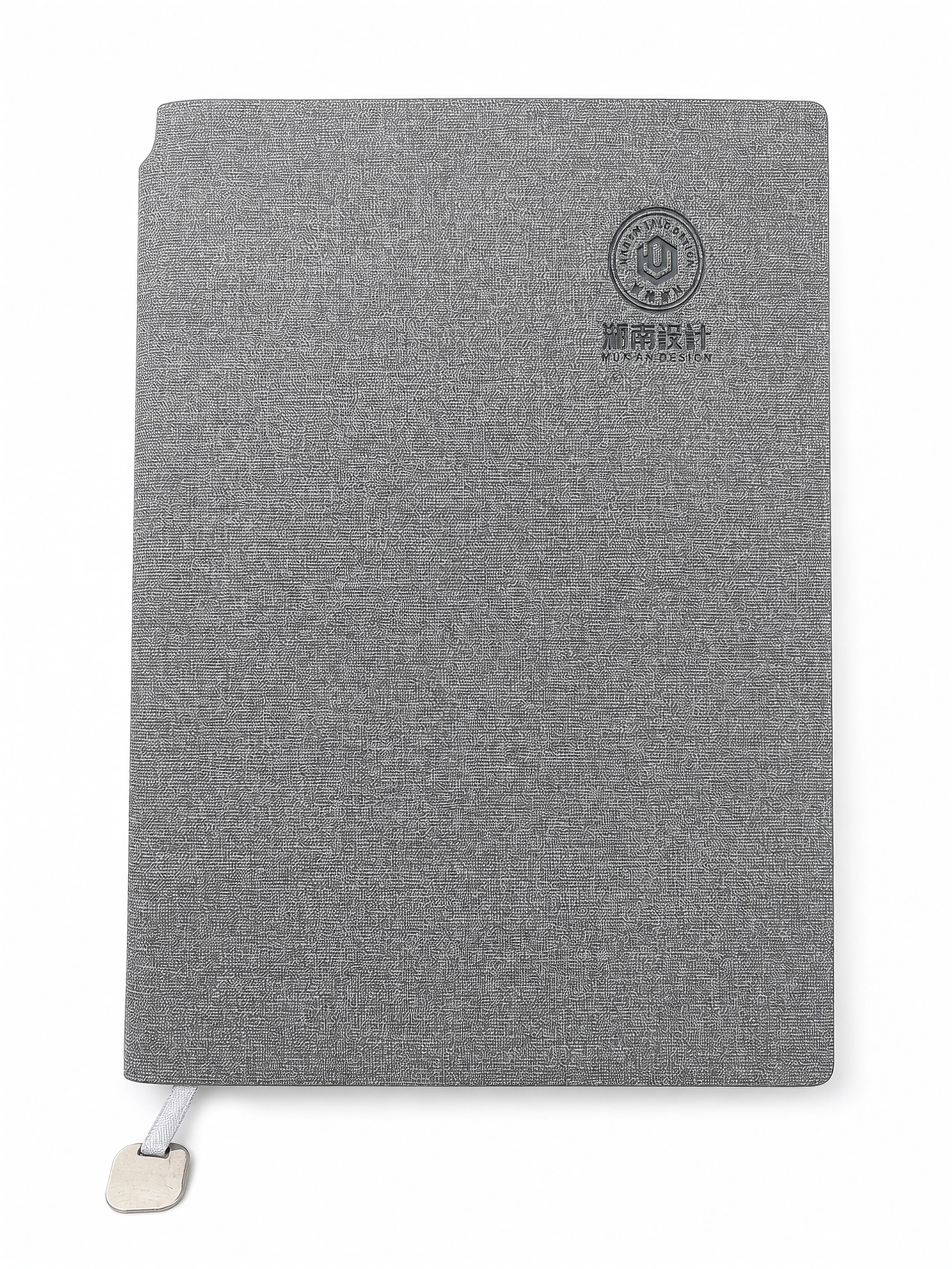 Gray Fabric Notebook with Metal Charm front view