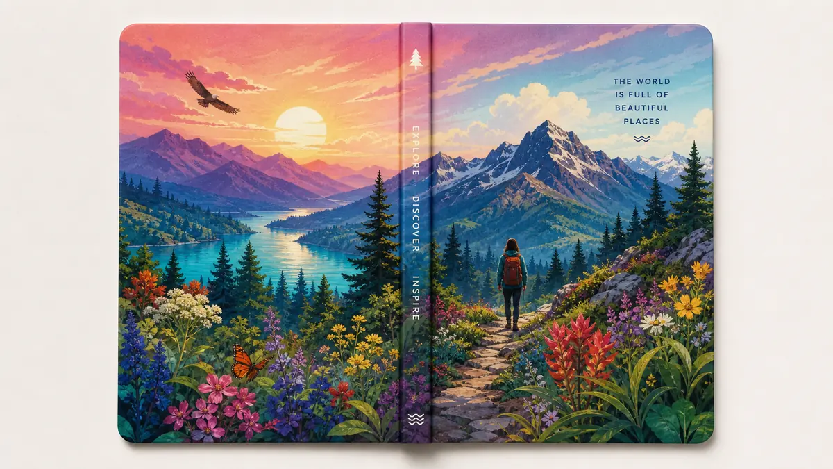 Full-color CMYK notebook cover artwork printed across the cover