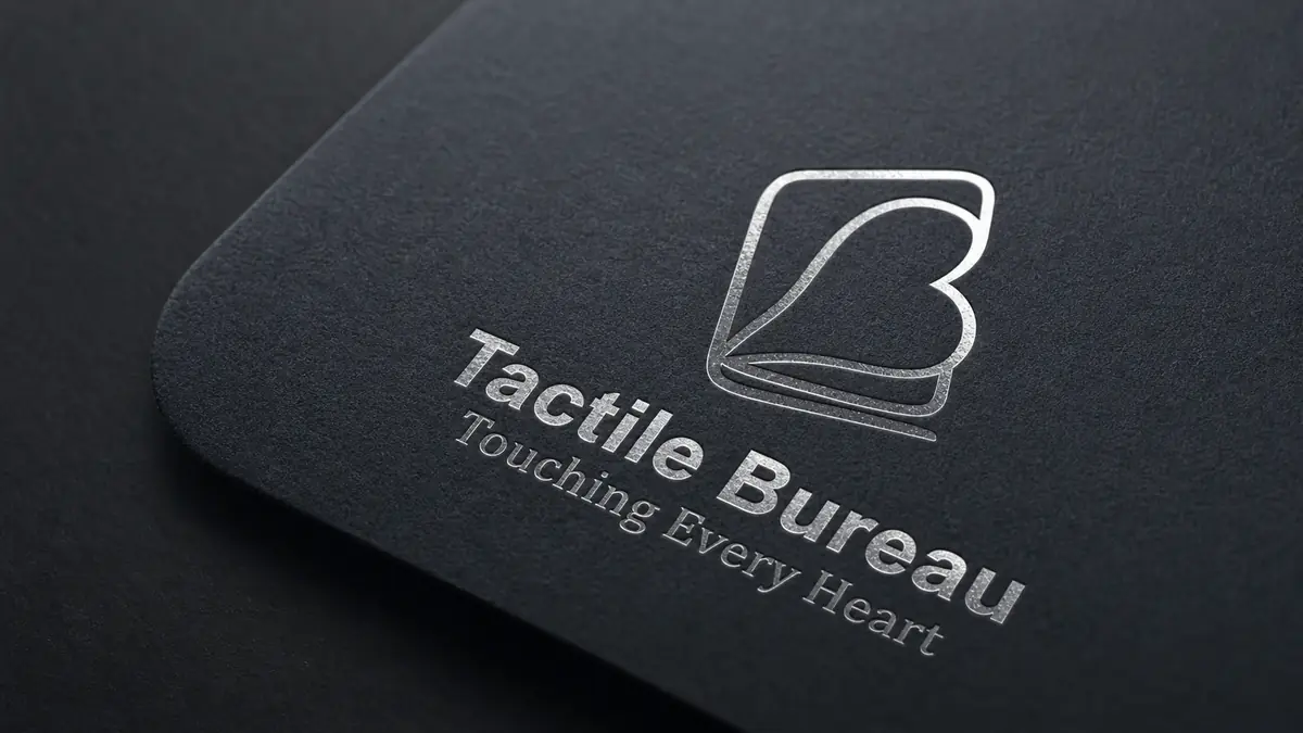 Silver foil logo stamping on dark cover stock