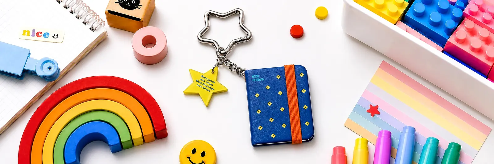 Mini blue notebook with keychain and colorful stationery accessories
