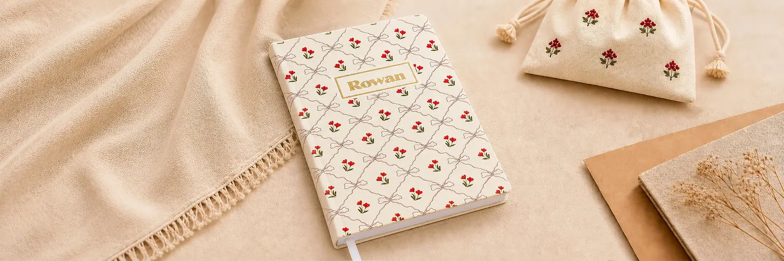 Floral Rowan custom notebook with drawstring pouch and stationery
