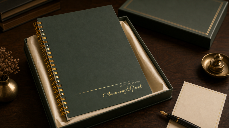 Premium custom Wire-O notebook with gift box presentation